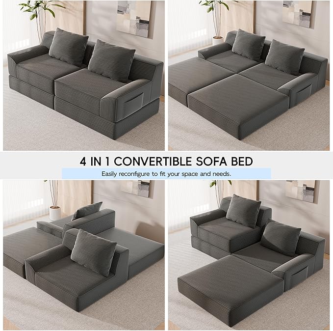 79 Convertible Sofa Bed Upholstered Boneless Couch Loveseat Sleeper with Pull Out Bed Corduroy Futon Couch Floor Folding Sofa Modular Futon Couch for Living Room Bedroom Lounge Grey