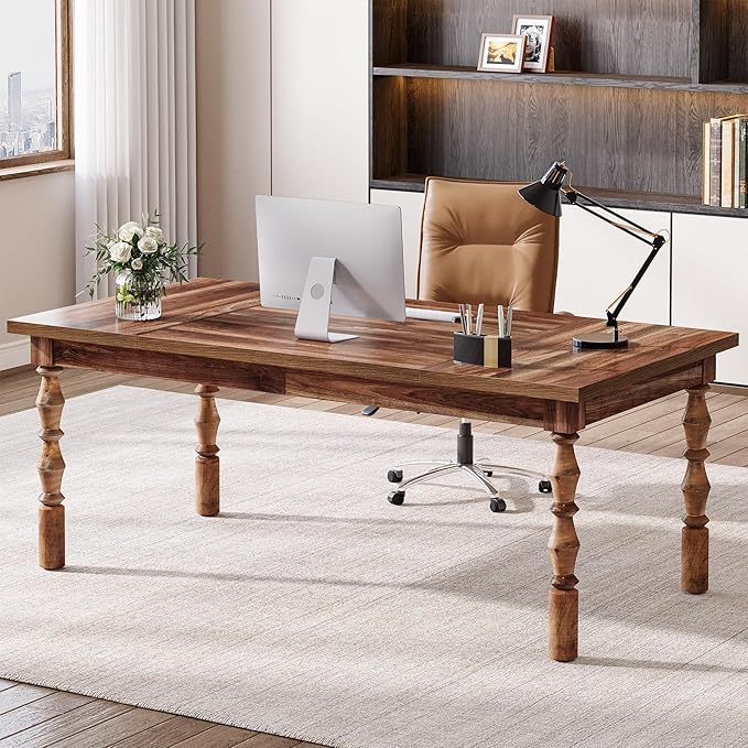 Tribesigns Large Executive Office Desk 62.2-Inch Farmhouse Modern Computer Desk Mid Century Study Writing Table Workstations Business Office Furniture with Carved Turned Legs (Walnut)