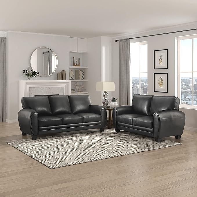 Homelegance 61.5W Rubin Modern Loveseat with Track Arms Foam Cushions Comfort 2 Seater Couch Faux Leather Love Seat for Living Room Apartment Office Easy Assembly Black