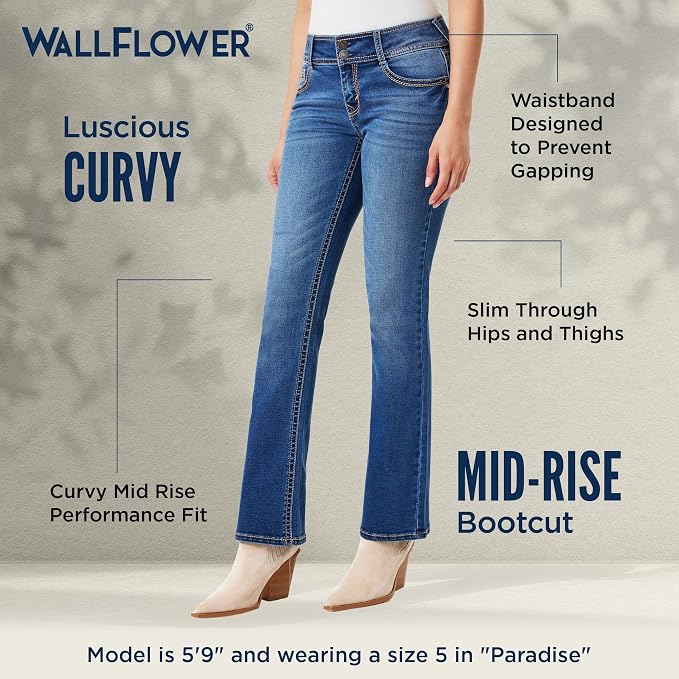 WallFlower Luscious Curvy Bootcut Jeans for Women Mid-Rise Insta Stretch Denim Size-Inclusive Juniors Jeans