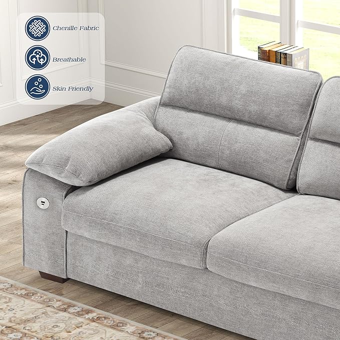 WorthFurni Sofas for Living Room Chenille Pillow-Armrest Loveseat Couch Set Small Sofa 3 Seater Sofa USB Charging Removable Sofa Cover Solid Wood Frame Easy to Install (71.5 inch Grey)