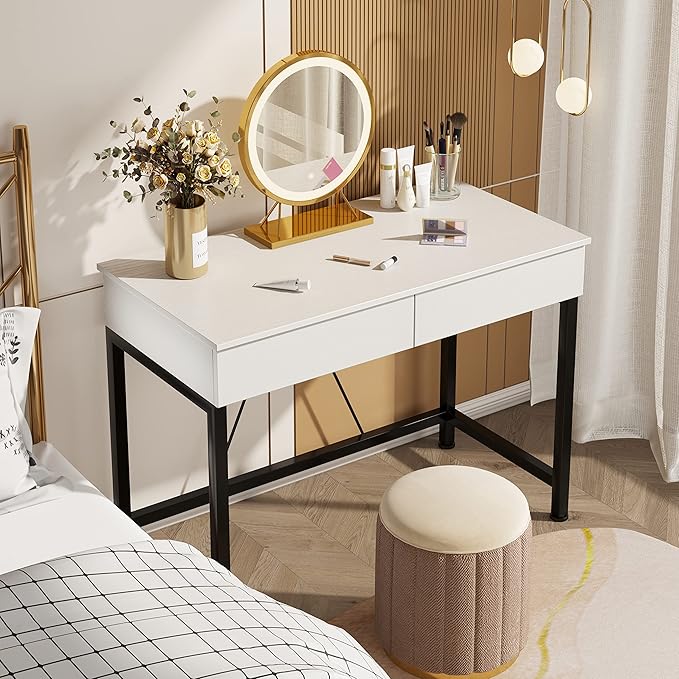 Mexin Small White Desk with 2 Wooden Drawers 40 Inch Home Office Writing Desk White Vanity Desk with Storage Computer Desk for Bedroom Small Spaces Table for Office Work Kids Study Makeup