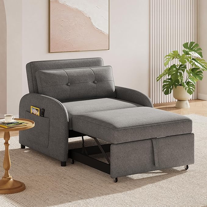 Merax 3-in-1 Convertible Sleeper Sofa Bed with Pillow &amp Side Pocket Soft Cotton Linen Loveseat Sleeper Chair for Living Room Bedroom Study Apartment Gray