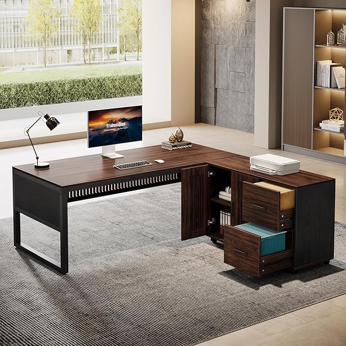 Tribesigns 63-Inch L-Shaped Executive Desk with Mobile File Cabinet Large Office Computer Desk Business Furniture Table with Drawers and Storage Shelves for Home Office Dark Walnut &amp Black