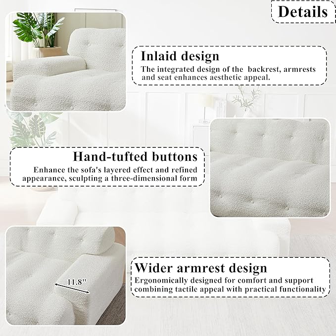 KEIKI 87.4 Cloud Couch Oversized 3 Seat Sofa with Button-Tufted Square Arm Deep Seat Chenille Seat for Living Room Guest Bedroom No Assembly Required White