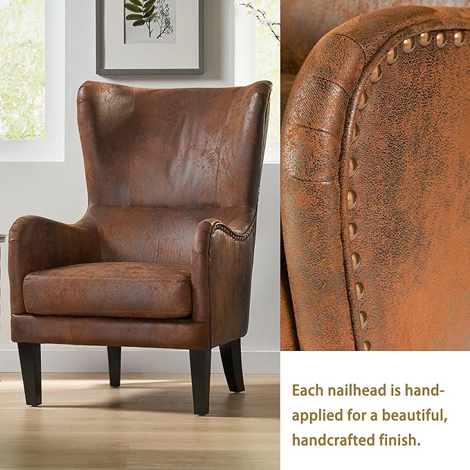 Mid-Century Modern Accent Chairs 27 Wide Wingback Club Chair with Nailhead Trim Fabric Reading Living Room Side Chair Faux Leather Armchair Sofa