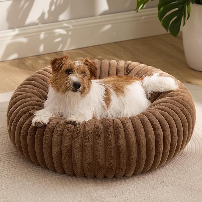 Bedsure ComfyFleece™ Donut Small Dog Bed - Dog Beds for Small Dogs with Corduroy Fleece &amp Anti Slip Bottom Round Faux Fur Pet Beds with Washable Removable Cover Camel Brown 27x27x8 inches