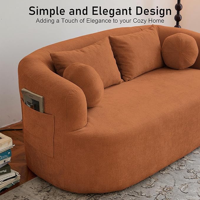Loveseat Sofa 67.3 Boneless Curved Sofa Filling with Foam and Spring Chenille Small Love Seat for Small Spaces 4 Pillows and Side Pocket Living Room Apartment Bedroom No Assembly