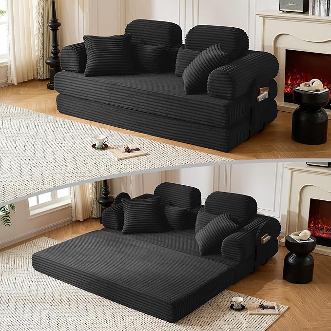 79 Sofa Bed Deep Seat 32 Sleeper Sofa 5-in-1 Convertible Sofa Bed Boneless Couch in a Box Corduroy Floor Futon with Thickened backrest and Headrest Pillows Side Pockets Black