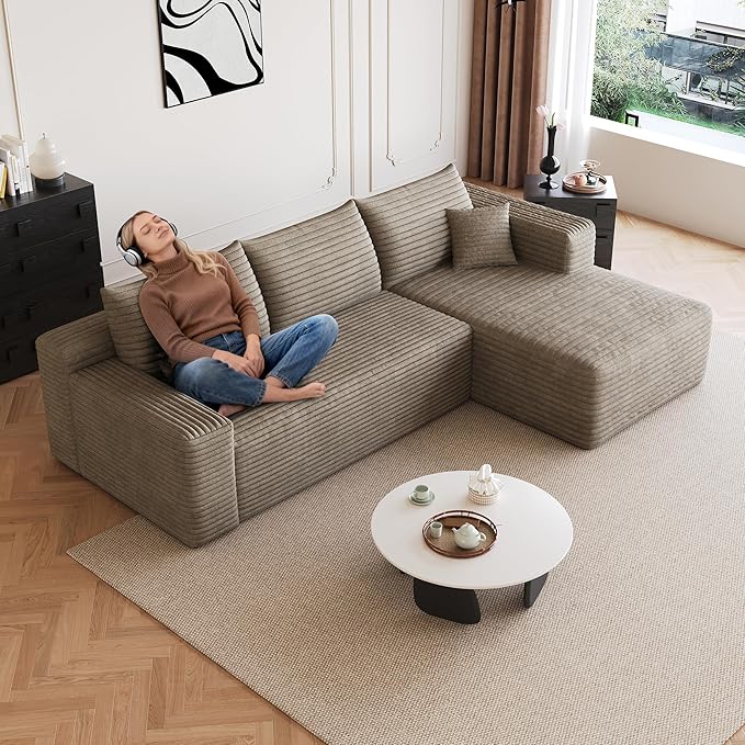 Boneless L-Shaped Modular Couch - 96 Inch Cloud Corduroy Sectional SofaDeep Seating Comfort No Assembly Ideal for Apartments &amp Small Living RoomsCamelRight Facing