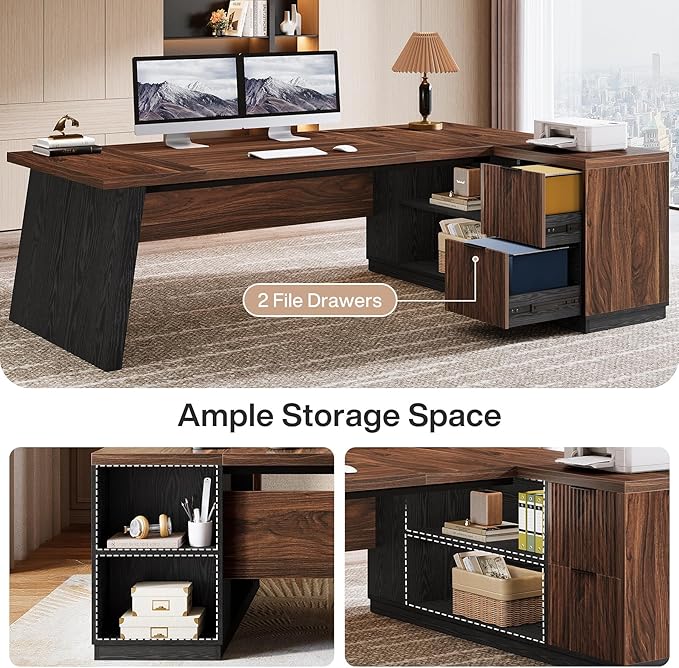 Tribesigns 78 L Shaped Executive Desk Large Office Desk with Drawers and Storage Shelves Modern Corner Computer Table Business Furniture for Home Office (Walnut &amp Brown)