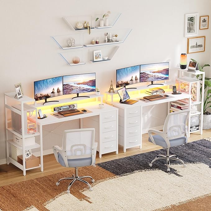 59 Inch Gaming Desk with LED Lights and Power Outlets Computer Desk with Storage Shelves Fabric Drawers Monitor Stand &amp Side Hook Reversible Gamer Table for Home Office Carbon Fiber White