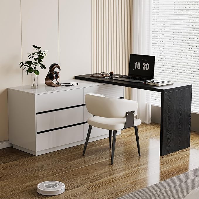 59 Adjustable L-Shaped Vanity Desk with 6 Storage Drawers Extendable Makeup Table for Bedroom Modern Dressing Table for Bedroom Apartment or Home Black and White