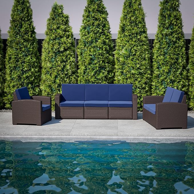 Flash Furniture Seneca Chocolate Brown Faux Rattan Loveseat with All-Weather Navy Cushions