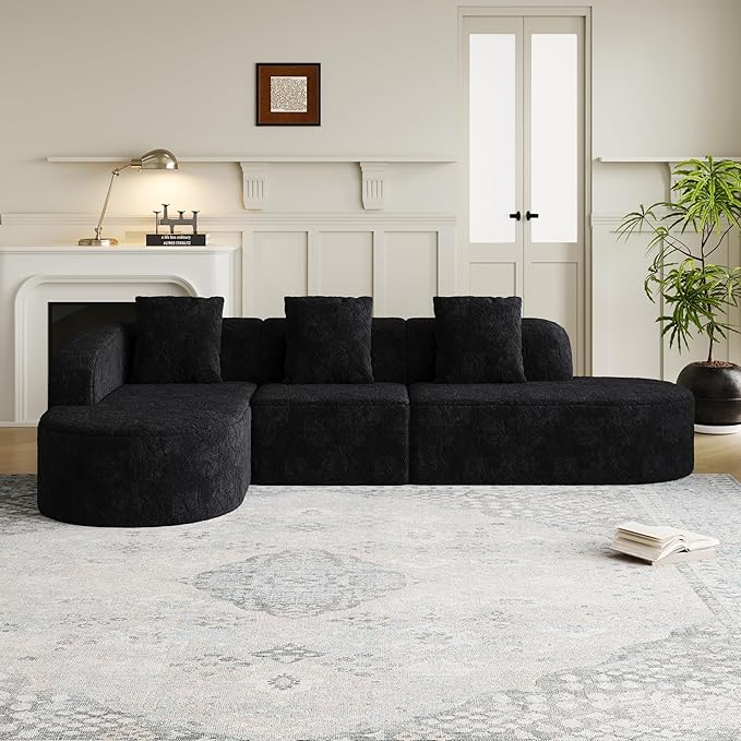 111.8' Curved Sectional Cloud Sofa Modern L Shaped Couch with Chaise &amp Pillows Comfy Upholstered Deep Seat Compression Boneless Sofa for Living Room Office No Assembly Required Left Facing Bl