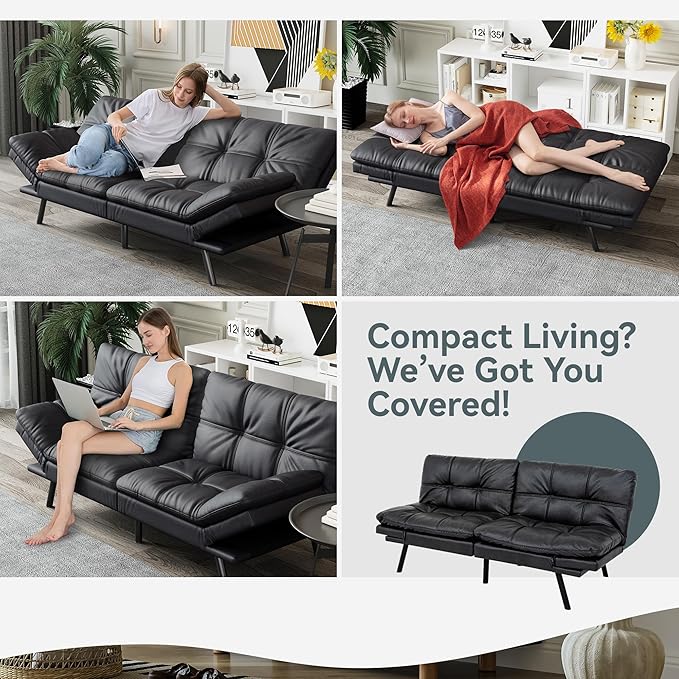 Futon Sofa Bed Convertible Couch Black Faux Leather Sofa Bed with Memory Foam Adjustable Backrest &amp Armrests Multifunctional Small Loveseat Sleeper Sofa for Living Room Apartment Office