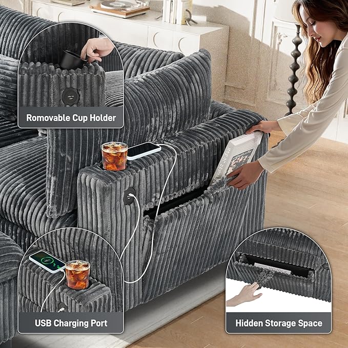 130 Oversized Cloud Couch Large Modular Sectional Sofa Modern U Shaped Sectional Couch 6 Deep Seat Sofa Set for Living Room Comfy Corduroy Cloud Sofa with Ottoman USB Port Cup Holder Dark Grey