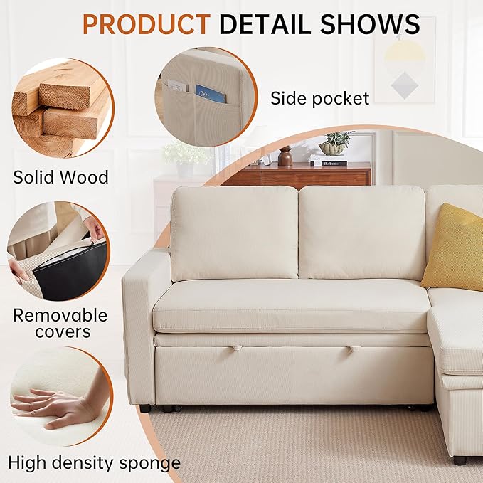 2-in-1 Convertible Sofa with Pull Out Bed 76 L Shaped Comfy Sectional Couch 3-Seater Sleeper Sofa with Reversible Storage Chaise for Living Room Beige