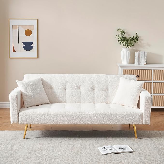 KEIKI 72 Folding Futon Sofa Couch w/Adjustable Backrest Mid Century Modern Loveseat Convertible to Sleeper Bed Small Comfy Teddy Cloud Couch SofaBed for Living Room &amp Bedroom 2 Pillows Beige
