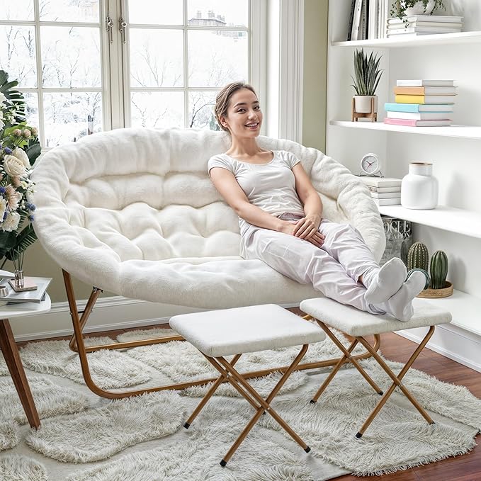 Flash Furniture Eleanor Portable Double Saucer Chair with 2 Ottomans Folding Steel Frames for Dorm or Bedroom 56 Ivory Faux Shearling/Soft Gold Frame