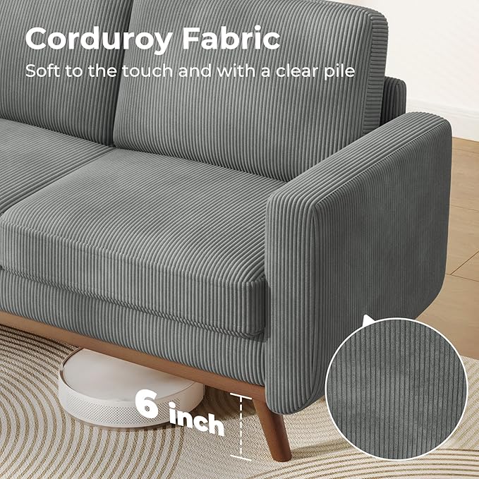 68 Dark Gray Corduroy Loveseat Sofa Comfy Deep Seat Couch with Spring Cushion &amp Solid Wood Frame Modern 2-Seater Sofa for Living Room Bedroom Office