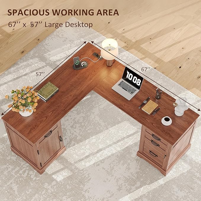 Whalefall Farmhouse L Shaped Desk with Drawers 67 Inch Executive Home Office Desk with File Cabinet Computer Corner Desk with Charging Station Cherry Brown