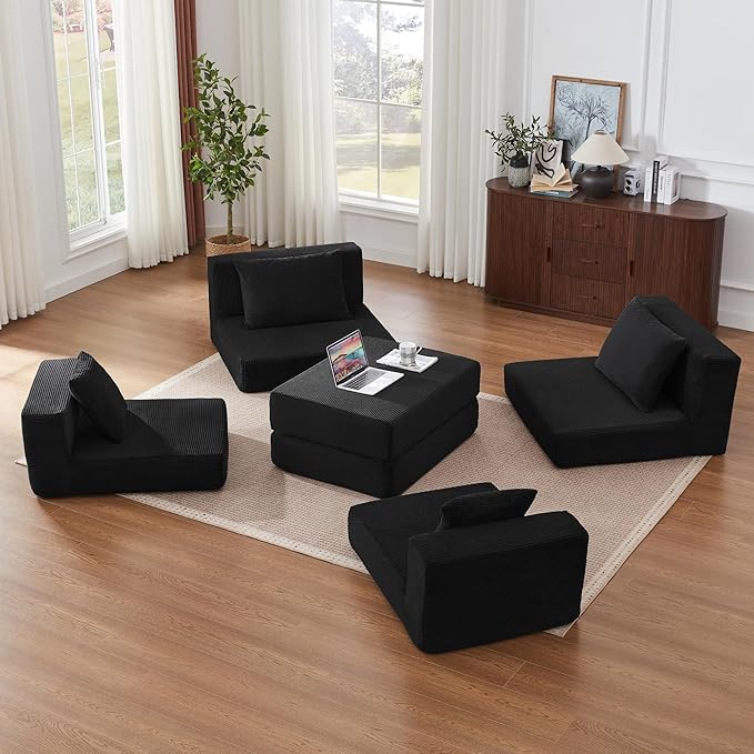 Modular Sectional Sofa with Convertible Sleeper Corduroy Fabric 2-in-1 Couch Bed with Reversible Chaise Adjustable Modular Sofas for Living Room Black