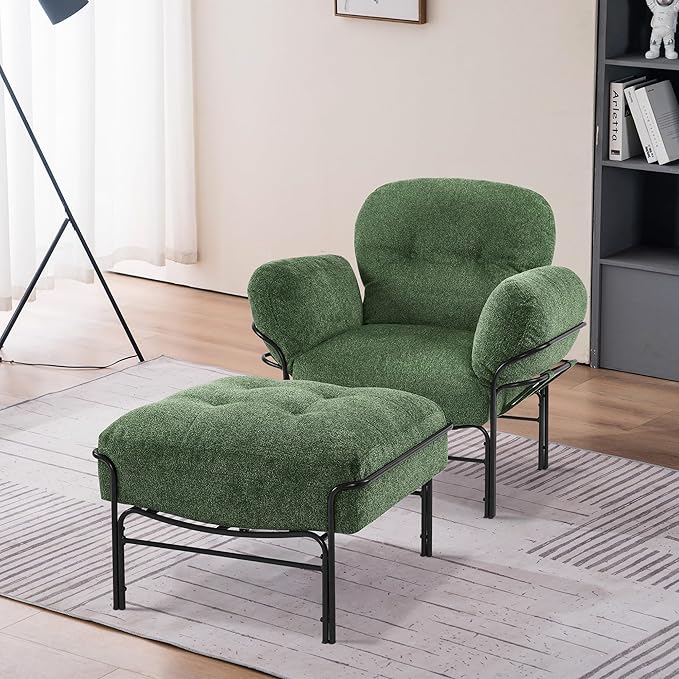 MCombo Modern Accent Chair with Ottoman Chenille Upholstered Leisure Sofa Chair for Small Space Living Room &amp Bedroom 4071 (Green)