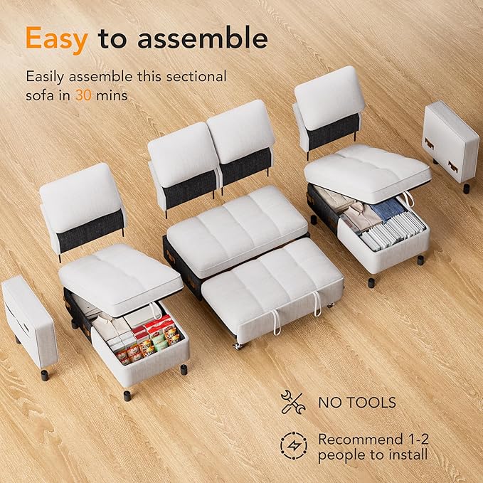 Sunny Heart Sleeper Sofa Bed 105 U Shaped Couch Sleeper Sofa Pull Out Couch Bed with Reclining Backrest | Double Storage Chaise | USB Ports | Side Pockets | Tool-Free Assembly | Chenille Beige