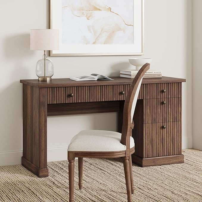Garvee Fluted Home Office Desk Storage 54 in Modern Executive Desk with Charging Station Wooden Computer Writing Desk with File Cabinet &amp Drawers for Study Room (Brown 54.0”L x 21.6 in D x 30.0
