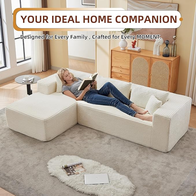 107 Combination Sofa Couches Does Not Require Assembling L-shaped ReclinerModular Sofa Set Of 2Fits Living Room Bedroom Office Corduroy FabricEquipped with headrest (left facing chaise White）