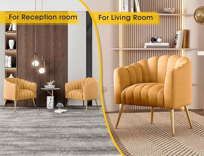 Oversized Pumpkin Couch Accent Chair Modern Comfy Velvet Upholstered Barrel Chairs Luxury Single Sofa Armchair for Living Room Waiting Room Office and Vanity (Mustard)