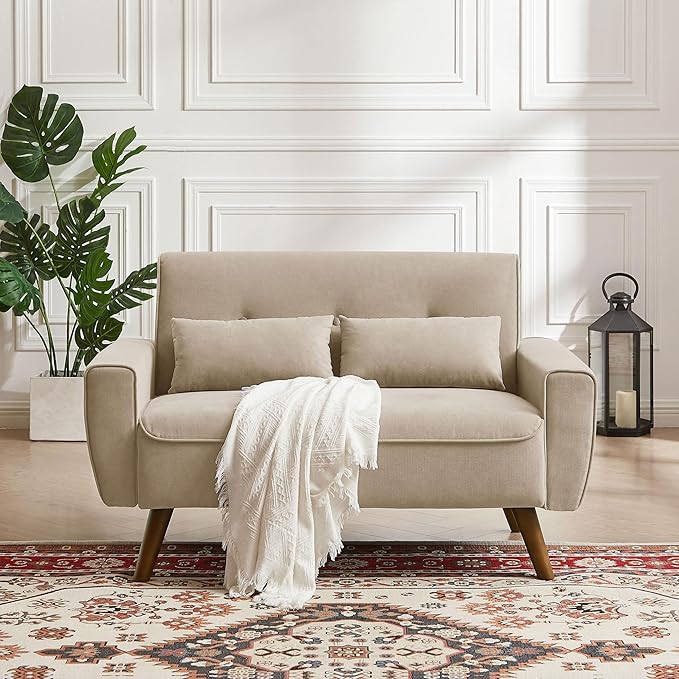 48.8 Small Loveseat Sofa Mid Century Modern Love Seat Couch with Back Cushions and Plastic Legs 2 Seater Couches for Living Room Bedroom Small Spaces Beige
