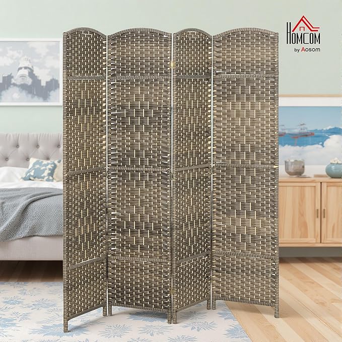 HOMCOM Room Divider 6 Ft 4 Panel Folding Privacy Screen Hand-Woven PP Wall Partition with Pine Wood Frame Freestanding Room Separator for Bedroom Home Office No Assembly Dark Rustic Oak