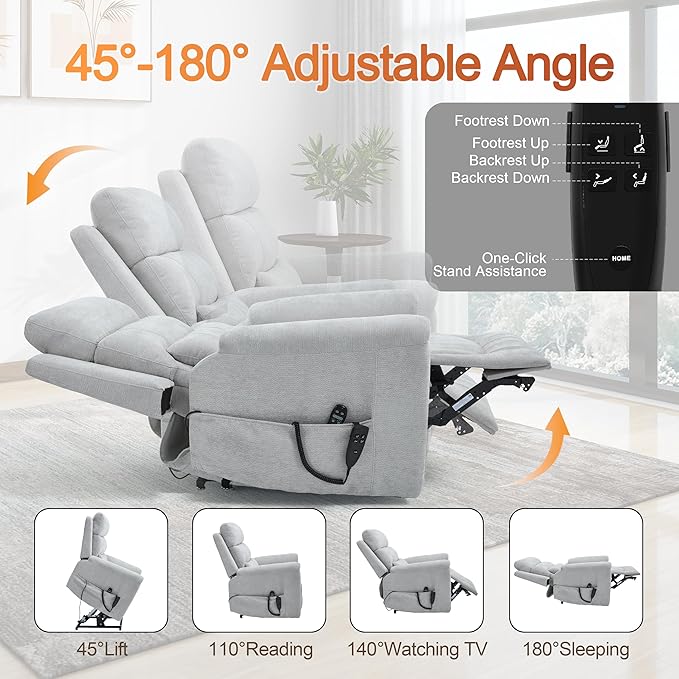 Power Lift Recliner Chair for Elderly People Dual Motor Lay Flat Recliner with Vibration Massage and Heat Heavy Duty Motion Mechanism Standing Assistance Reclining Chair Chenille Fabric Light Gray