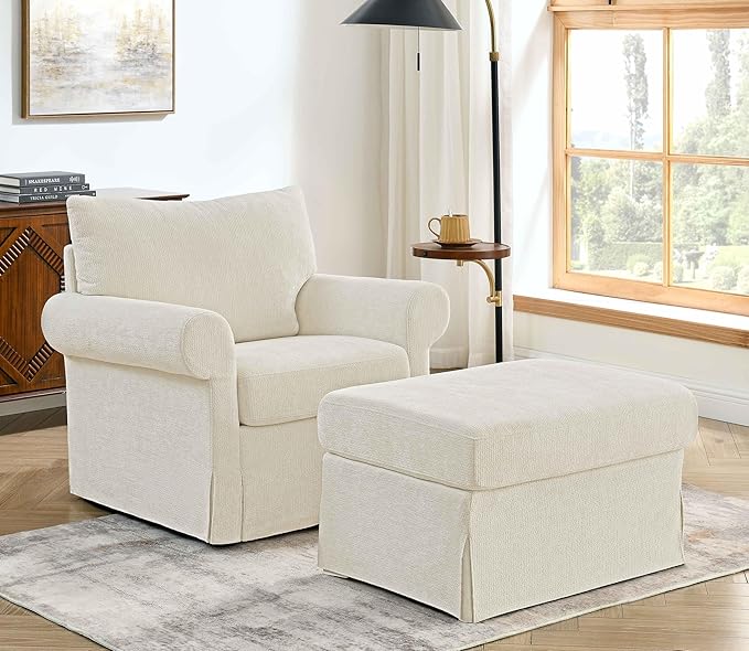 Living Room Chairs with Ottoman Small Accent Chair for Bedroom Single Sofa Couch with Chenille Fabric for Apartment and Small Places (Beige)