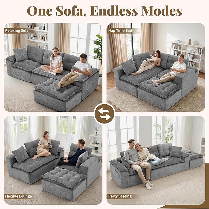 110 Modular Sectional Sofa Cloud Sectional Couch with Ottoman Modern L Shaped Sofa with Deep Seat Upholstered Boneless Couch for Living Room with Layered Cushion No Assembly Grey