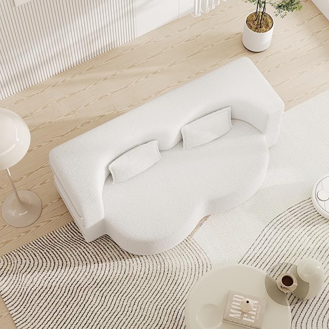 Floor Sofa Futon Cloud Couch Convertible Sofa Bed with 2 Pillows Teddy Fabric Foam-Filled Loveseat Sleeper Sofa Couches for Living Room 15 Full Size Folding Mattress No Assembly Required (Beige)