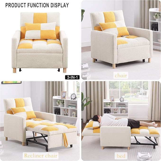 Sleeper Chair Bed Multi-functional Convertible Chair Sleeper Teddy Fabric Adjustable Single Pull Out Sofa Bed with Lumbar for StudioDorm Apartment BedroomOfficeLiving Room (Beige&ampYellow)