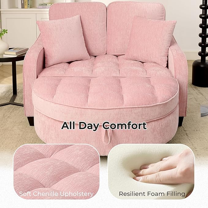 DEINPPA Oversized Accent Sofa Chair with Storage Ottoman Chenille Upholstered Comfy Chair with Throw Pillows for Living Room Reading Room Bedroom-Pink