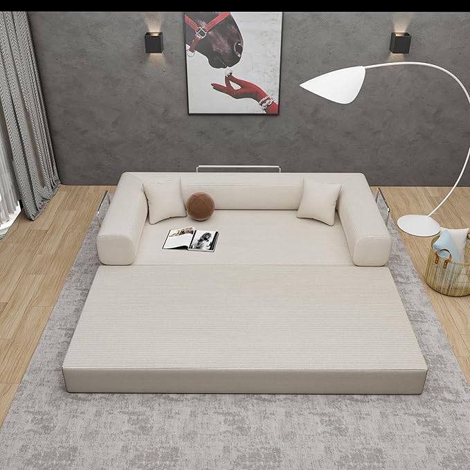 Convertible Couch Sofa Bed Foldable Floor Sleeper | Upgraded ALL High-Density 35D Foam | Fold Out Deep Seat Couch | King Size | Compression Sofa Sleeper for Living Room Bedroom | Corduroy Beige