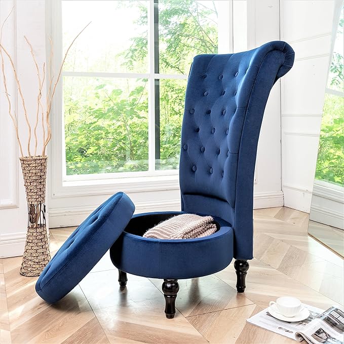 Royal High-Back Velvet Accent Chair for Vanity with Storage and Luxurious Upholstery Retro Design and Versatile Usage for Living Room Bedroom Lounge and Office Dark Blue