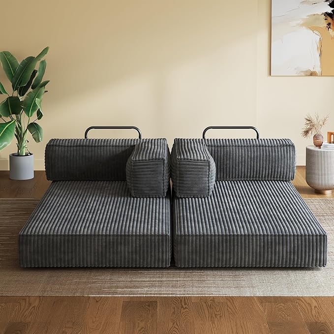 WLIVE 60'' Futon Sofa Bed Convertible Sleeper Sofa Folding Pull Out Couch Boneless Mattress with Fixed Frame Corduroy with Storage Pocket Grey
