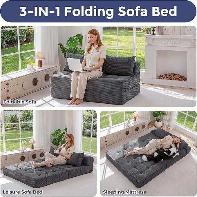 MAXYOYO Folding Sofa Couch Convertible Floor Sleeper Couch with 2 Pillows Tufted Floor Loveseat Couch Tufted Fold Out Chair Bed Comfy Sofa Lounge for Living Room Bedroom Dark Grey