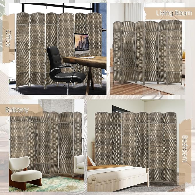 HOMCOM Room Divider 6 Ft 6 Panel Folding Privacy Screen Hand-Woven PP Wall Partition with Pine Wood Frame Freestanding Room Separator for Bedroom Home Office No Assembly Dark Rustic Oak