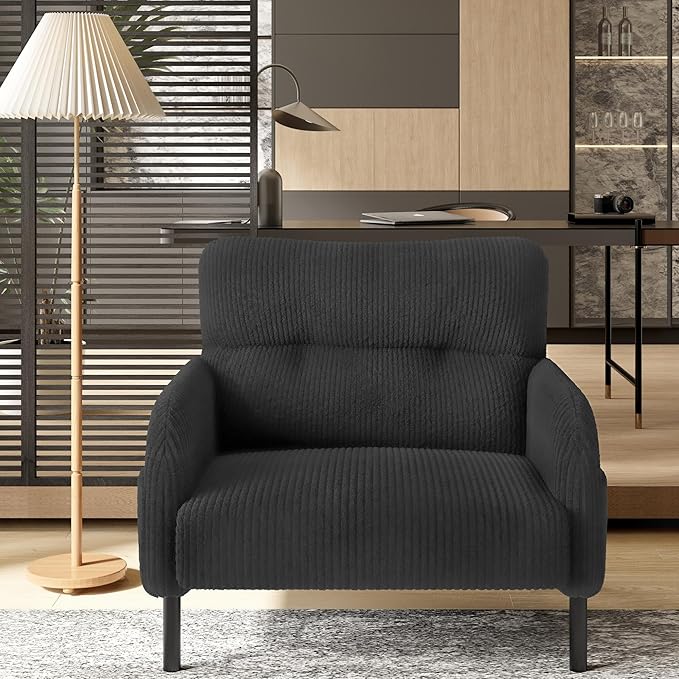 Gray Accent Chair - Corduroy Living Room Chairs with Side Storage Pockets and Durable Legs Comfy Arm Reading Chair with Soft Backrest for Bedroom Balcony Study Room