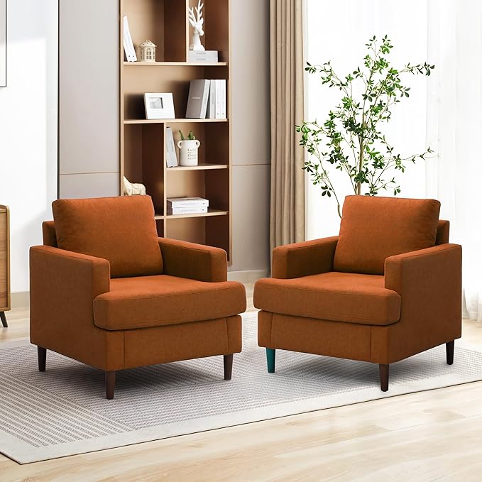 Mid-Century Accent ChairModern Linen Fabric Armchair for Living RoomComfy Upholstered Reading Accent Chairs for BedroomSingle Sofa Chair with Wood Legs (Orange 2 Pack)