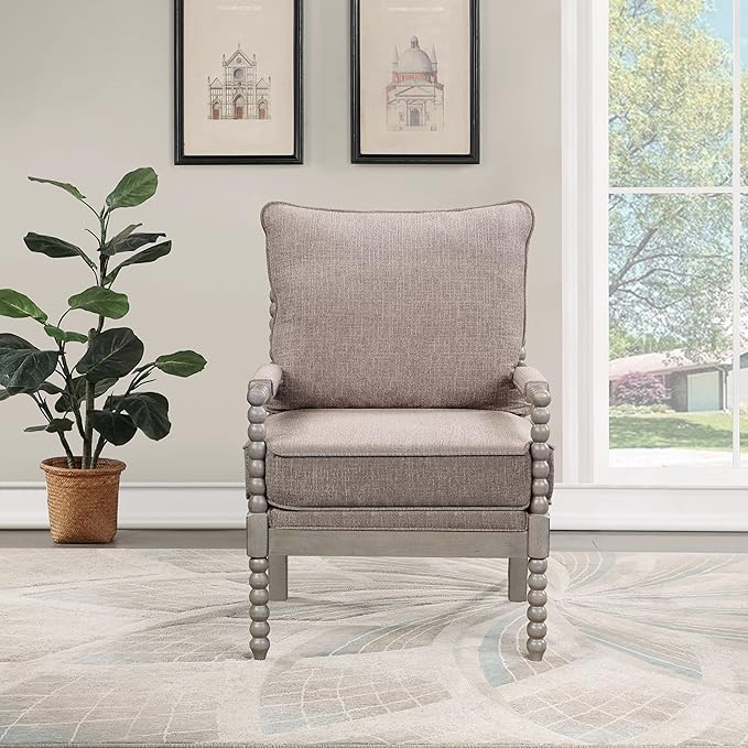 OSP Home Furnishings Abbott Spindle Accent Chair with Padded Spring Seat and Brushed Grey Base Dolphin Beige Fabric