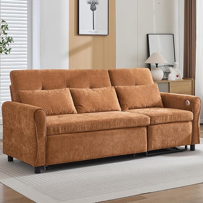 Polibi 2-in-1 Convertible Sofa Bed &amp Recliner - 3-Position Adjustable Backrest (105°-180°) Reversible Design Dual USB Ports 82 Wide Orange
