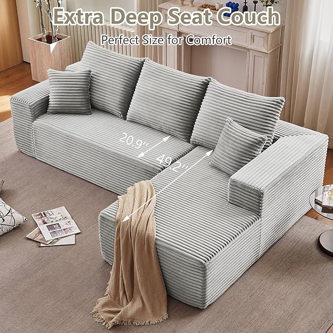107 Cloud Sectional Couch with L-Shape Chaise Modern Modular Comfy Sofa Chaise Longue Upholstered Corduroy Couches Sleeper with Deep Seat for Living Room Bedroom No Assembly Required Grey